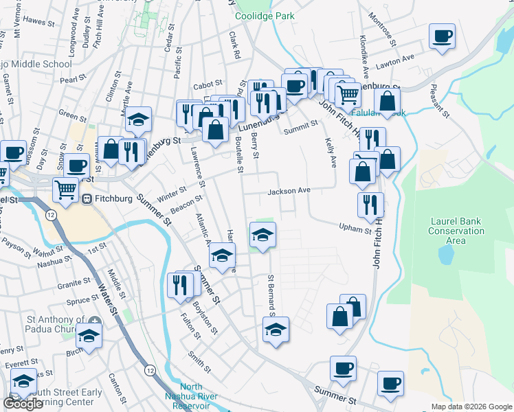 map of restaurants, bars, coffee shops, grocery stores, and more near 124 Boutelle Street in Fitchburg