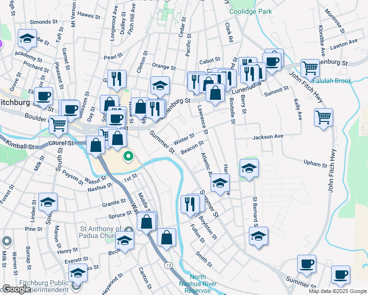 map of restaurants, bars, coffee shops, grocery stores, and more near 21 Beacon Street in Fitchburg