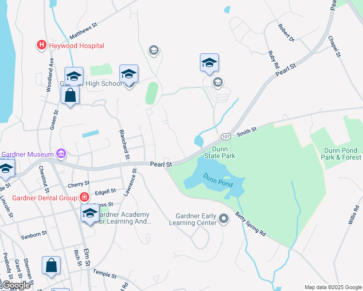 map of restaurants, bars, coffee shops, grocery stores, and more near 272 Pearl Street in Gardner