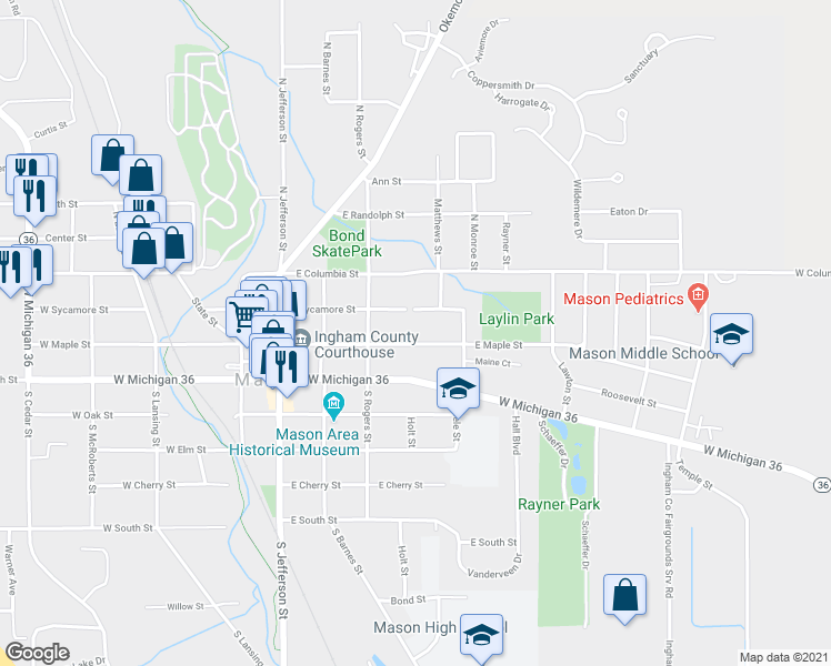 map of restaurants, bars, coffee shops, grocery stores, and more near 401 E Maple St in Mason