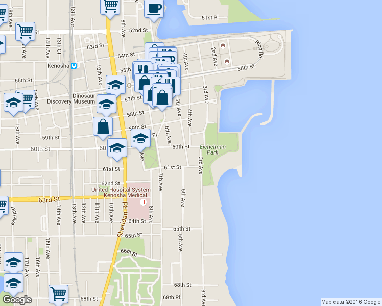 map of restaurants, bars, coffee shops, grocery stores, and more near 6015 5th Avenue in Kenosha