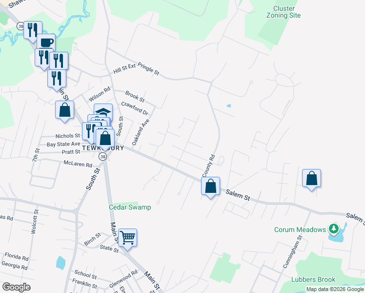 map of restaurants, bars, coffee shops, grocery stores, and more near 40 Pinedale Avenue in Tewksbury