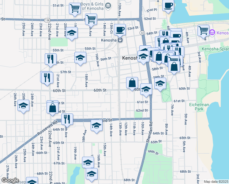 map of restaurants, bars, coffee shops, grocery stores, and more near 1319 60th Street in Kenosha