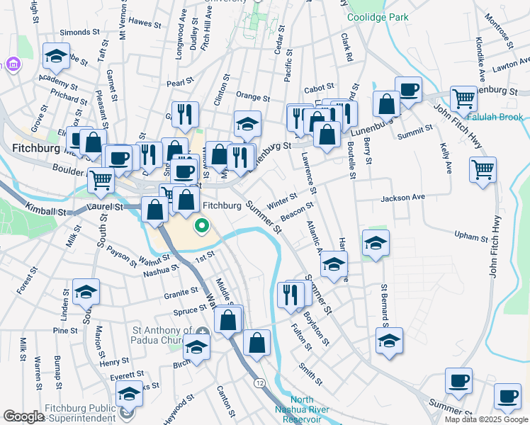map of restaurants, bars, coffee shops, grocery stores, and more near 40 Summer Street in Fitchburg