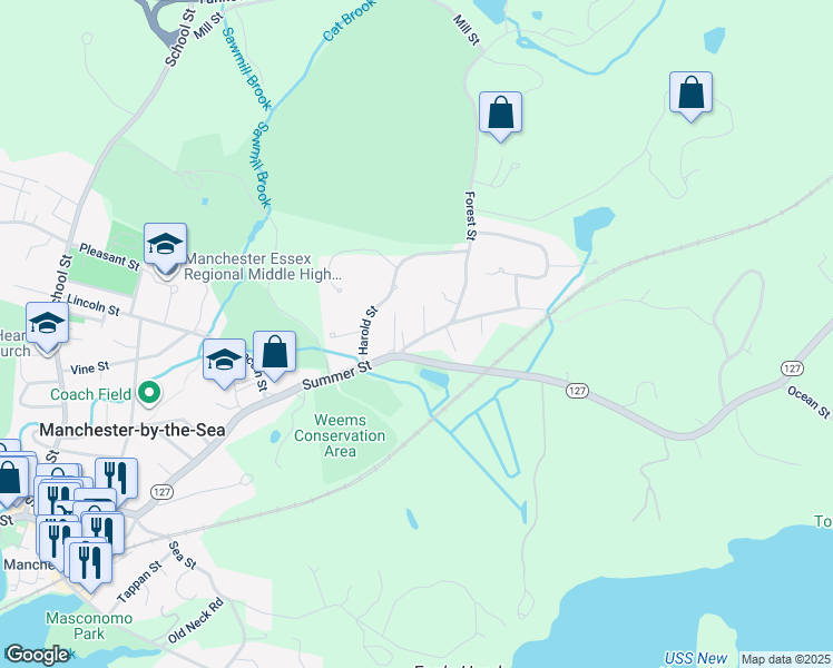 map of restaurants, bars, coffee shops, grocery stores, and more near 10 Forest Street in Manchester-by-the-Sea
