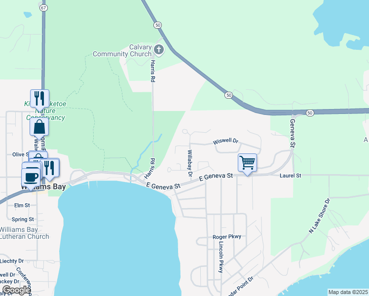 map of restaurants, bars, coffee shops, grocery stores, and more near 19 Wildwood Court in Williams Bay