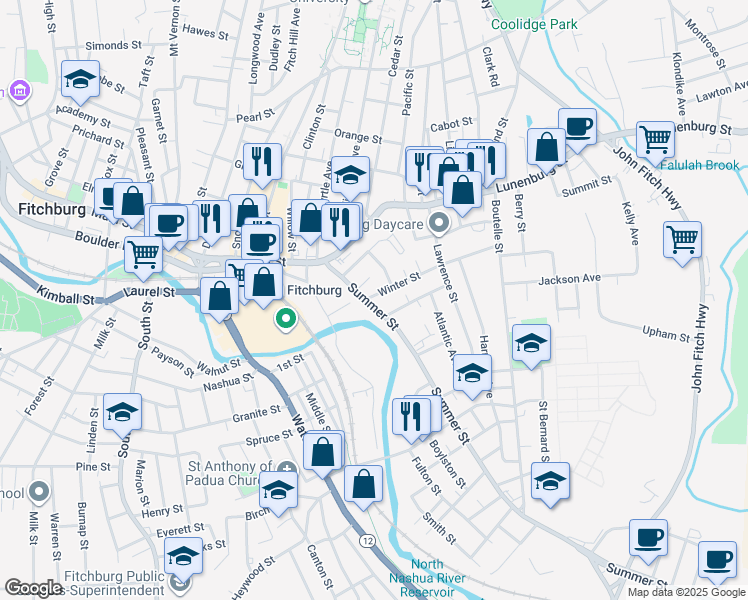 map of restaurants, bars, coffee shops, grocery stores, and more near 40 Summer Street in Fitchburg