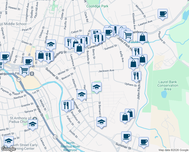 map of restaurants, bars, coffee shops, grocery stores, and more near 124 Boutelle Street in Fitchburg