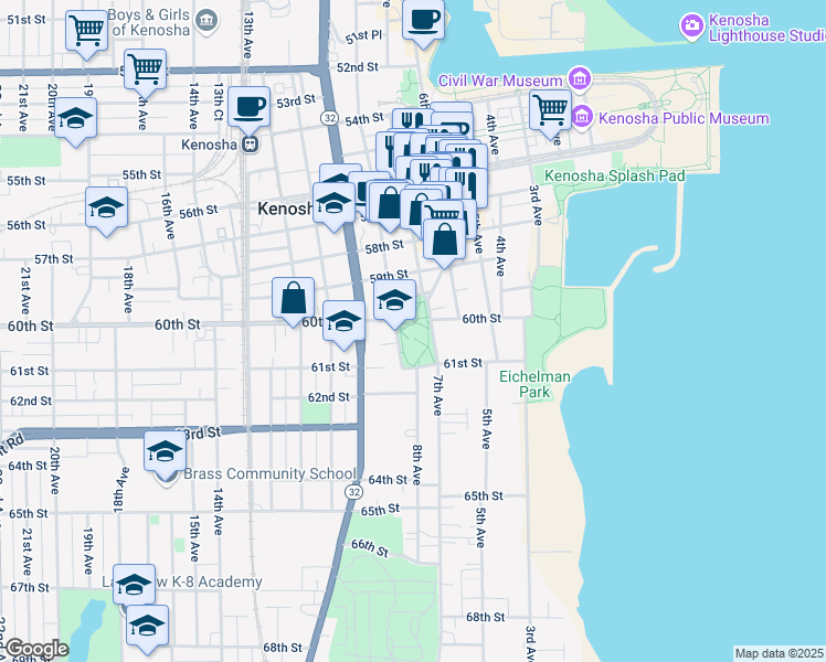 map of restaurants, bars, coffee shops, grocery stores, and more near 711 59th Place in Kenosha