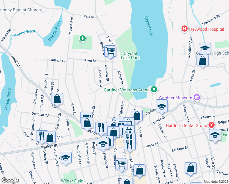map of restaurants, bars, coffee shops, grocery stores, and more near 193 Oak Street in Gardner