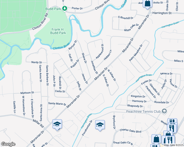 map of restaurants, bars, coffee shops, grocery stores, and more near 38147 Shana Drive in Clinton Township