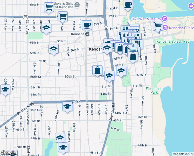 map of restaurants, bars, coffee shops, grocery stores, and more near 1021 60th Street in Kenosha