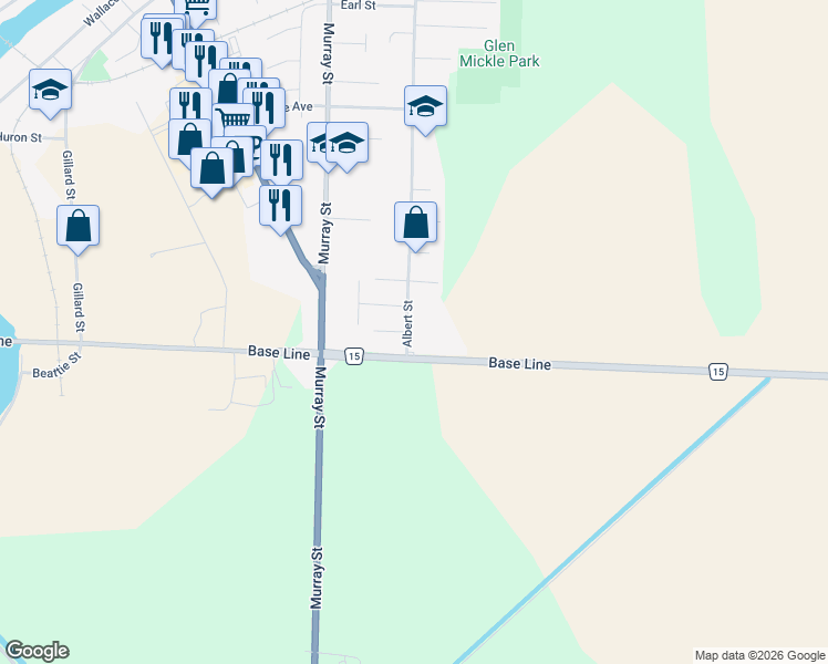 map of restaurants, bars, coffee shops, grocery stores, and more near 779 Albert Street in Wallaceburg