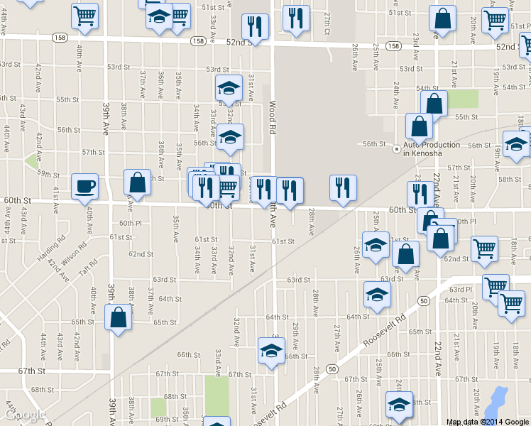 map of restaurants, bars, coffee shops, grocery stores, and more near 3013 60th Street in Kenosha