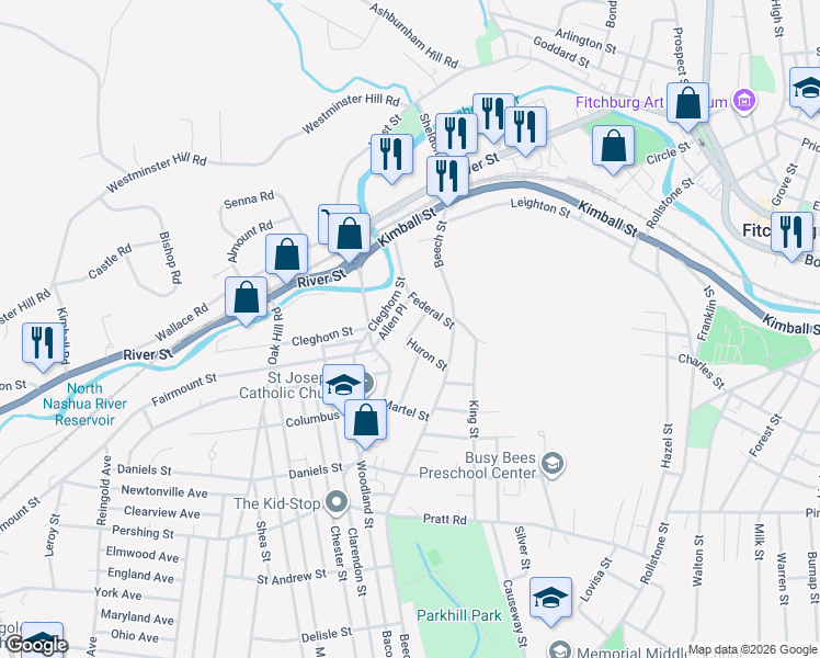 map of restaurants, bars, coffee shops, grocery stores, and more near 32 Rockland Street in Fitchburg