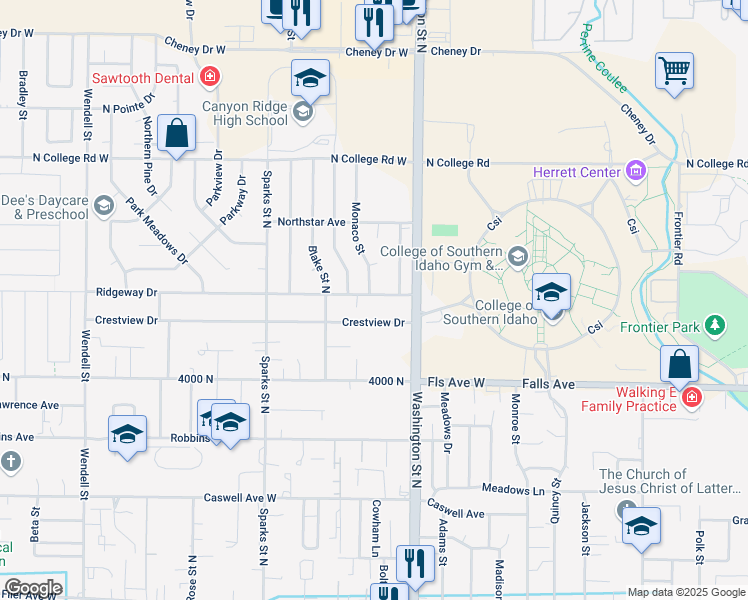 map of restaurants, bars, coffee shops, grocery stores, and more near 159 Ridgeway Drive in Twin Falls