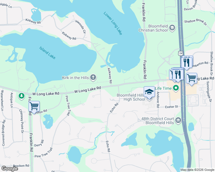 map of restaurants, bars, coffee shops, grocery stores, and more near 4067 Carillon Drive in Bloomfield Township