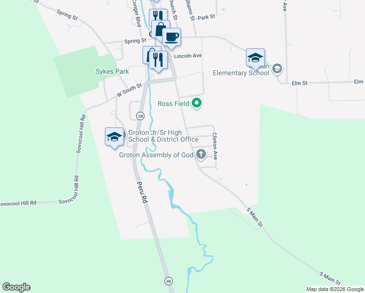 map of restaurants, bars, coffee shops, grocery stores, and more near 406 S Main St in Groton