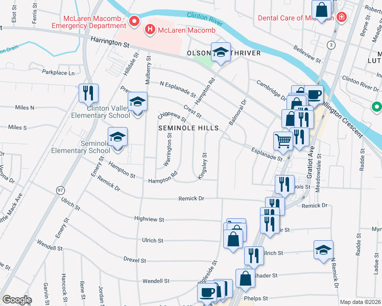 map of restaurants, bars, coffee shops, grocery stores, and more near 690 Chippewa Street in Mount Clemens
