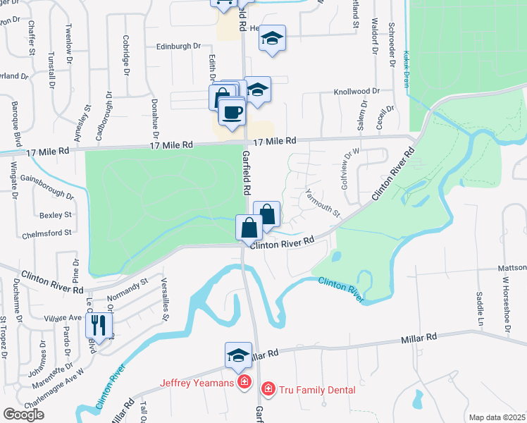 map of restaurants, bars, coffee shops, grocery stores, and more near 38550 Garfield Road in Charter Township of Clinton