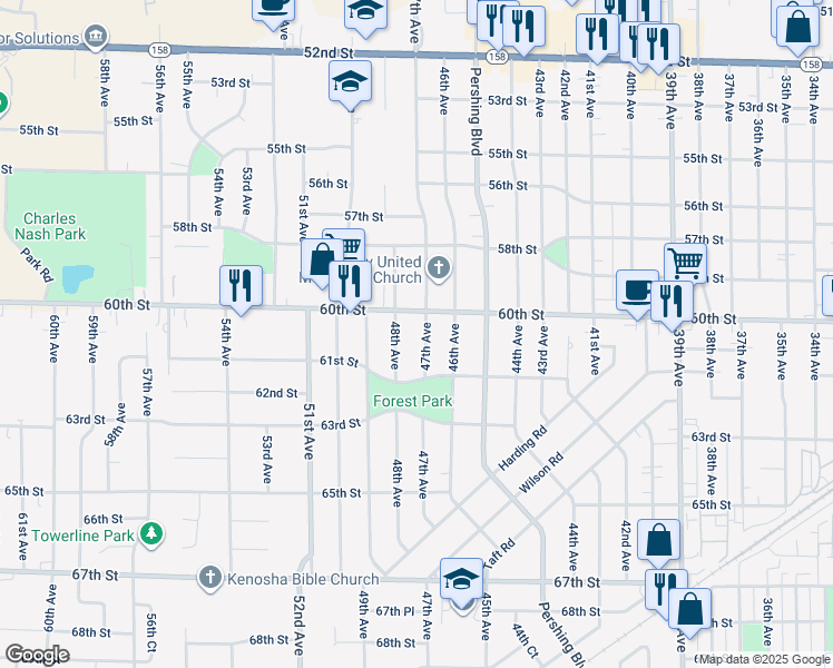 map of restaurants, bars, coffee shops, grocery stores, and more near 6022 47th Avenue in Kenosha