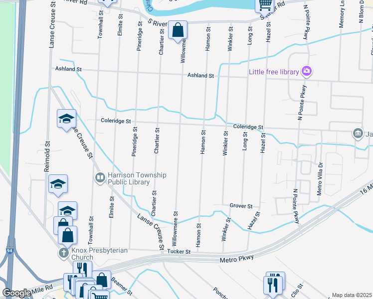 map of restaurants, bars, coffee shops, grocery stores, and more near 38400 Willowmere St in Harrison Township
