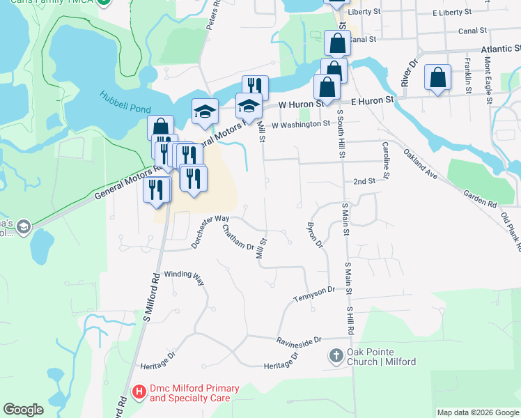 map of restaurants, bars, coffee shops, grocery stores, and more near 714 Mill Street in Milford Charter Township