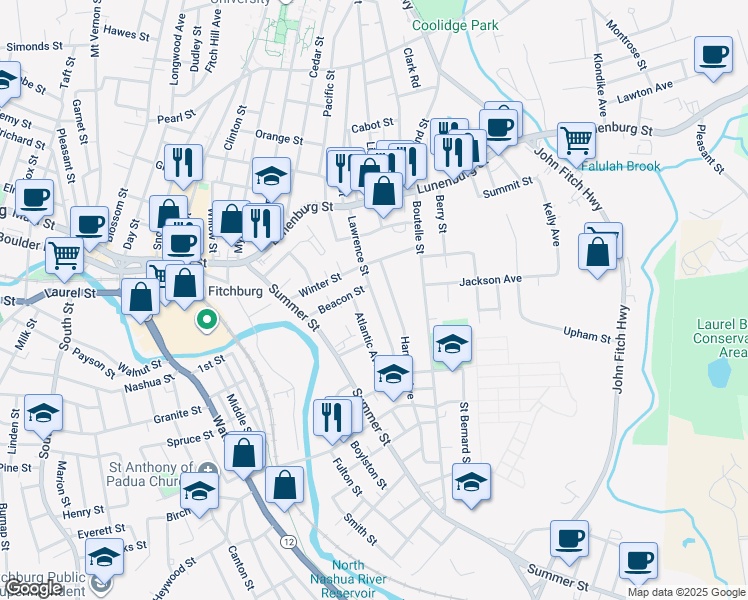 map of restaurants, bars, coffee shops, grocery stores, and more near 55 Lawrence Street in Fitchburg