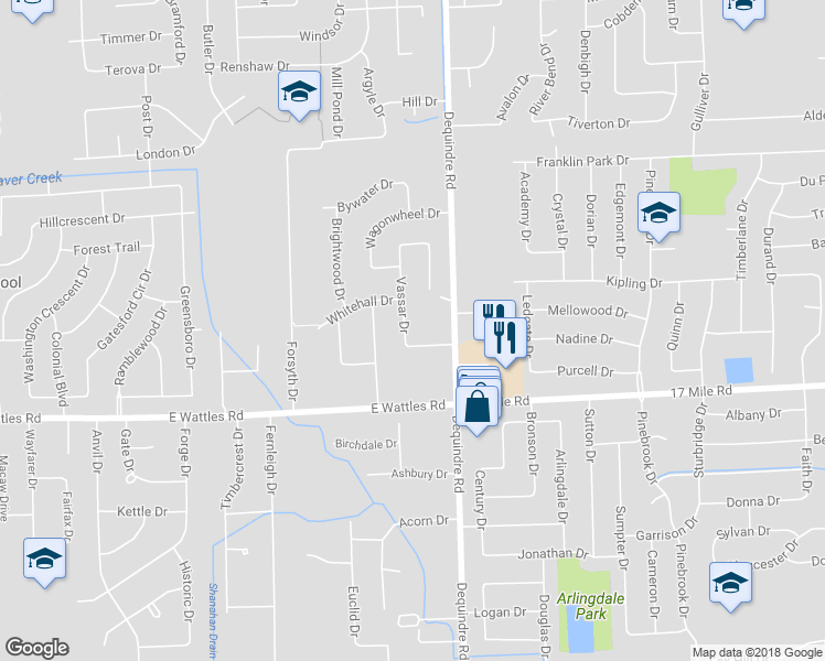 map of restaurants, bars, coffee shops, grocery stores, and more near 4158 Vassar Drive in Troy