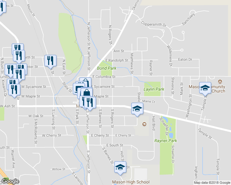 map of restaurants, bars, coffee shops, grocery stores, and more near 219 S Rogers St in Mason