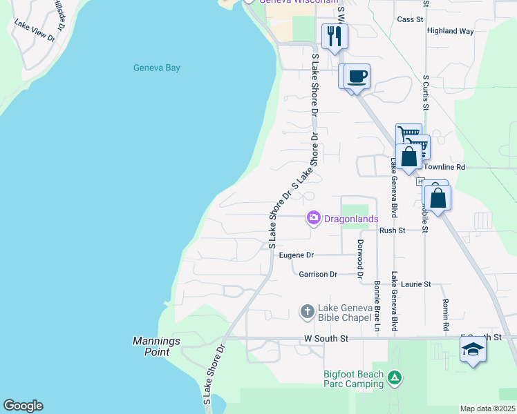 map of restaurants, bars, coffee shops, grocery stores, and more near 724 Pine Tree Lane in Lake Geneva