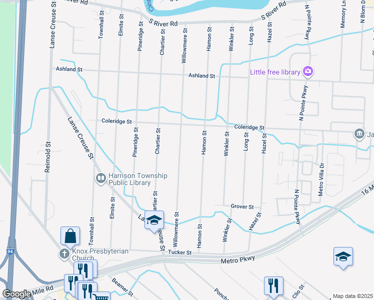 map of restaurants, bars, coffee shops, grocery stores, and more near 38400 Willowmere Street in Harrison Township