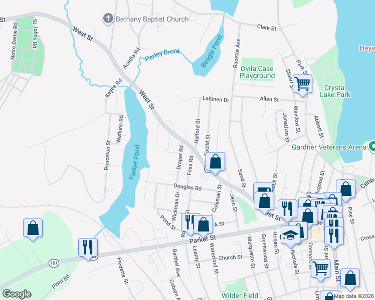 map of restaurants, bars, coffee shops, grocery stores, and more near 10 Draper Road in Gardner