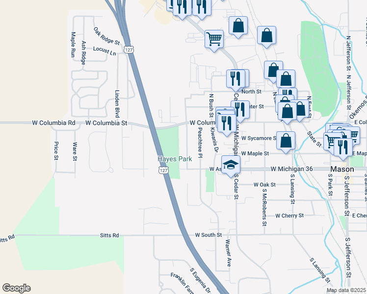 map of restaurants, bars, coffee shops, grocery stores, and more near 210 South Walnut Court in Mason