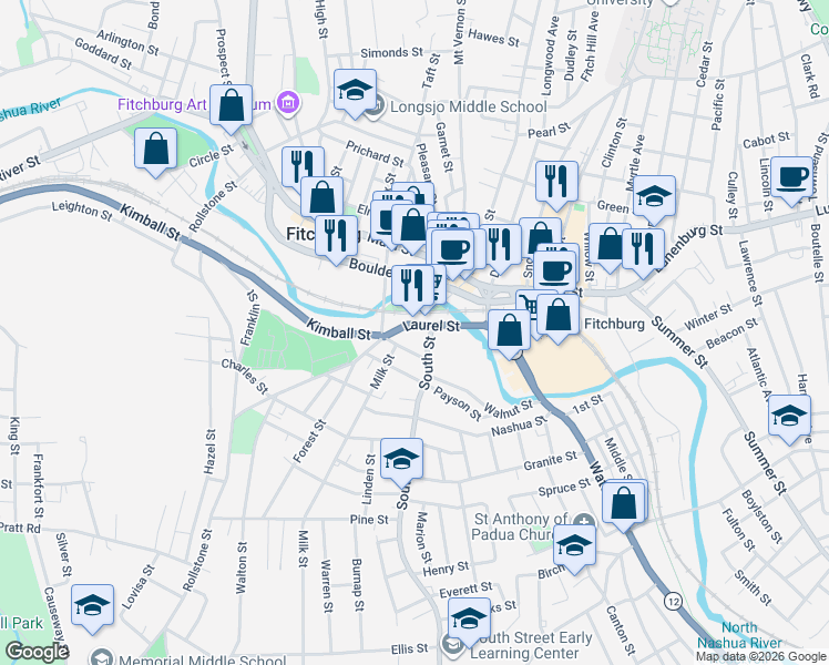 map of restaurants, bars, coffee shops, grocery stores, and more near 14 1/2 Cross Street in Fitchburg