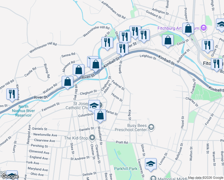 map of restaurants, bars, coffee shops, grocery stores, and more near 32 Rockland Street in Fitchburg