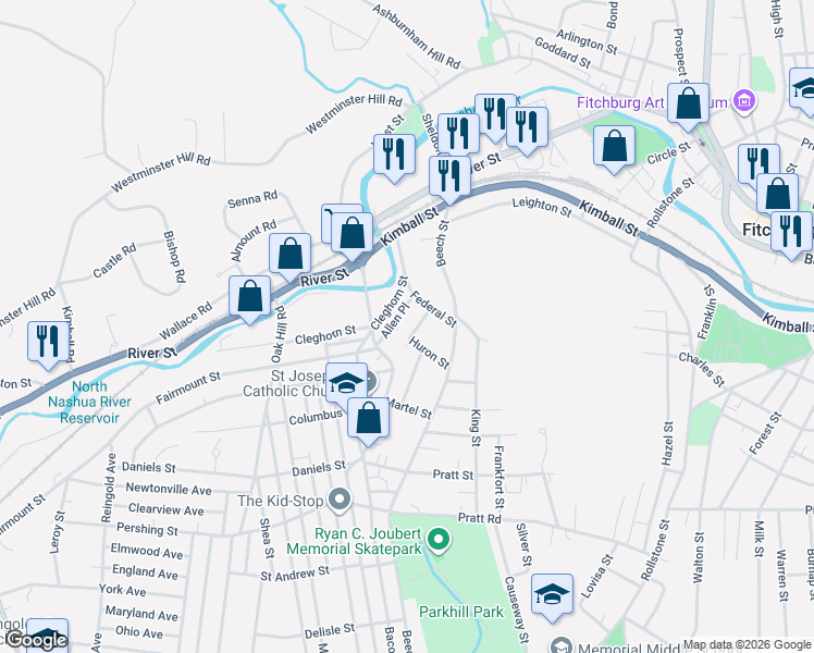 map of restaurants, bars, coffee shops, grocery stores, and more near 32 Rockland Street in Fitchburg