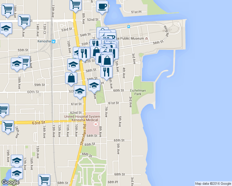 map of restaurants, bars, coffee shops, grocery stores, and more near 515 60th Street in Kenosha