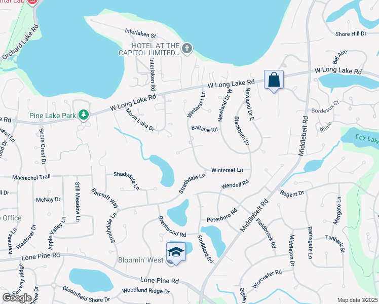 map of restaurants, bars, coffee shops, grocery stores, and more near 4070 Winterset Lane in West Bloomfield Township