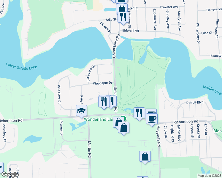 map of restaurants, bars, coffee shops, grocery stores, and more near 8225 Tamarron Drive in Commerce Charter Township