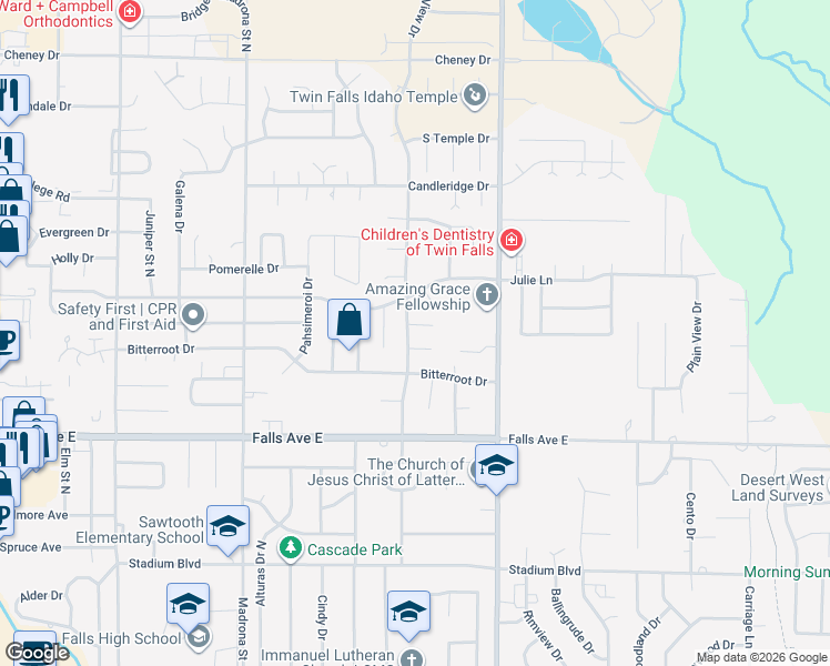 map of restaurants, bars, coffee shops, grocery stores, and more near 1052 Mountain View Drive in Twin Falls