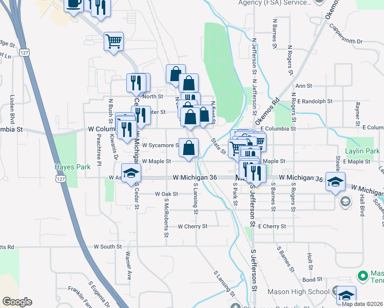 map of restaurants, bars, coffee shops, grocery stores, and more near 410 West Maple Street in Mason