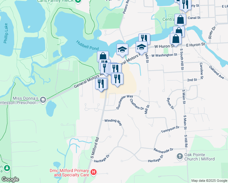 map of restaurants, bars, coffee shops, grocery stores, and more near 147 South Milford Road in Milford Charter Township