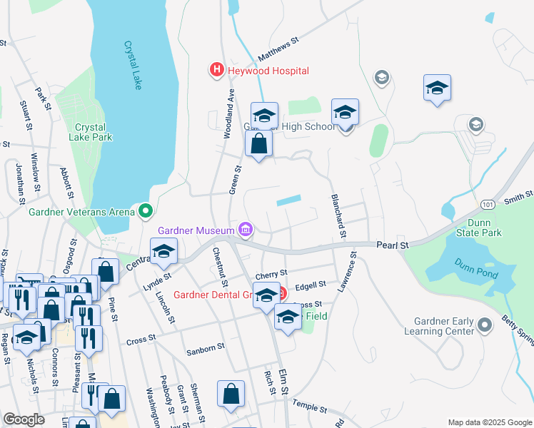 map of restaurants, bars, coffee shops, grocery stores, and more near 87 Glazier Street in Gardner