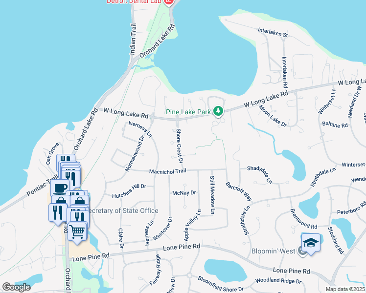 map of restaurants, bars, coffee shops, grocery stores, and more near 4109 Shore Crest Drive in West Bloomfield Township