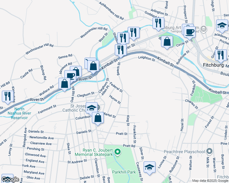 map of restaurants, bars, coffee shops, grocery stores, and more near 15 Rockland Street in Fitchburg
