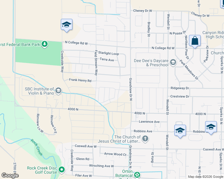 map of restaurants, bars, coffee shops, grocery stores, and more near 1020 Crestview Drive in Twin Falls