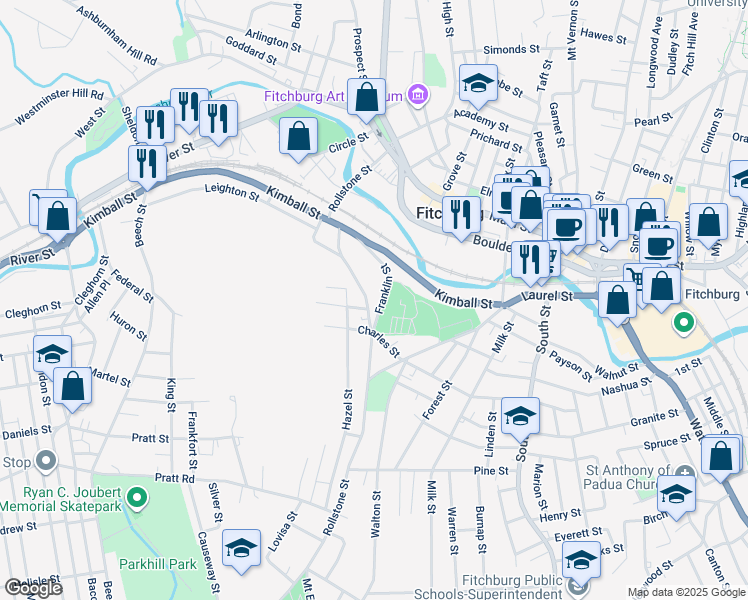 map of restaurants, bars, coffee shops, grocery stores, and more near 119 Franklin Street in Fitchburg