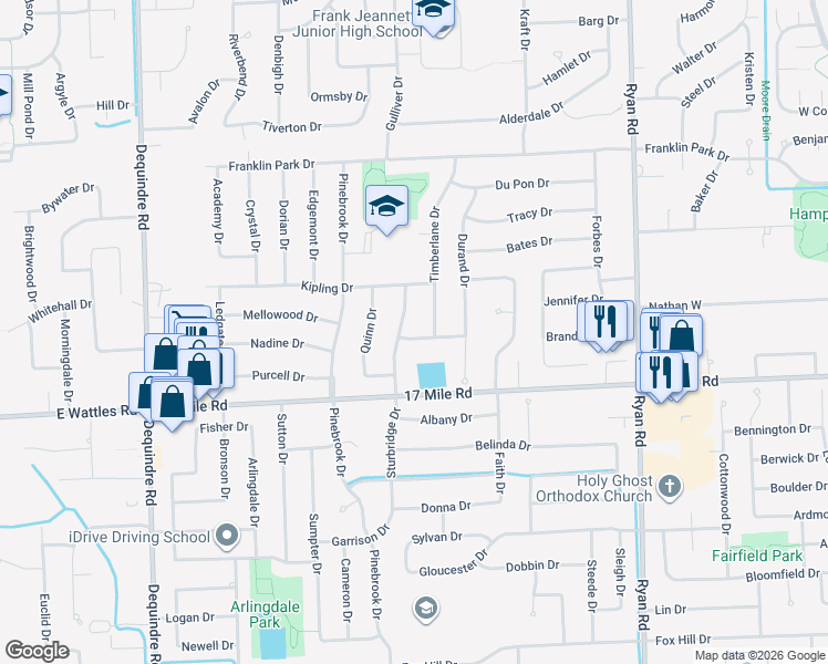 map of restaurants, bars, coffee shops, grocery stores, and more near 3023 Warrington Drive in Sterling Heights