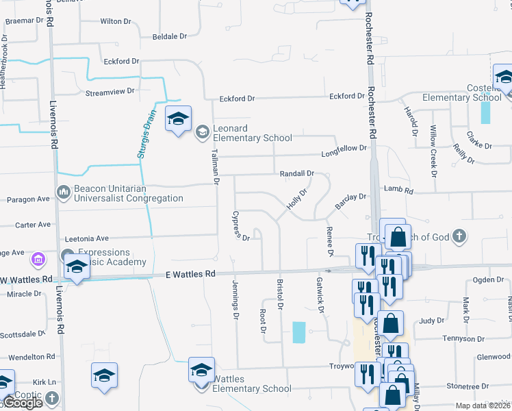 map of restaurants, bars, coffee shops, grocery stores, and more near 4290 Bristol Drive in Troy